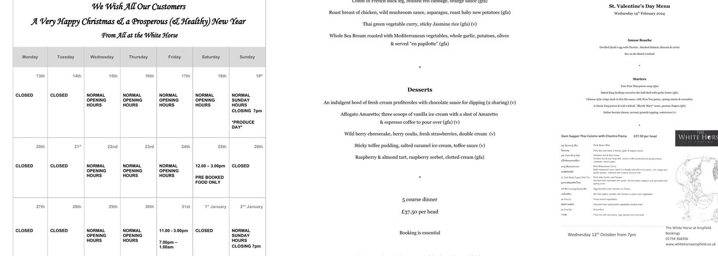 The White Horse Menu