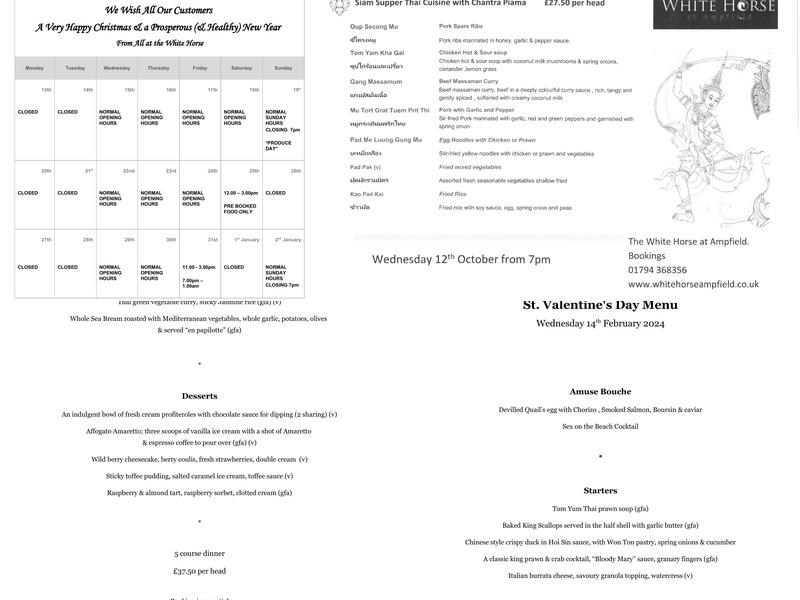 The White Horse Menu