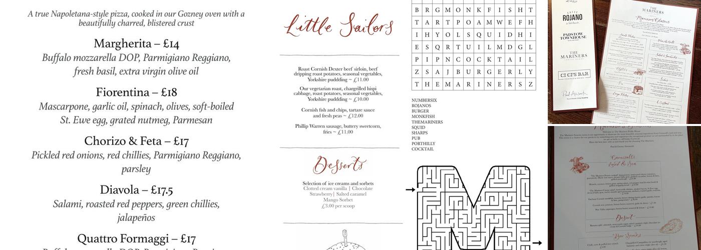 The Mariners Public House in Rock Menu