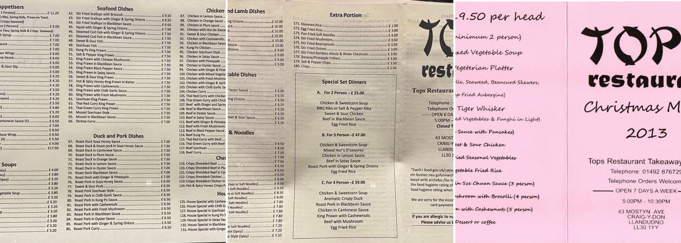 Tops Chinese Restaurant Menu