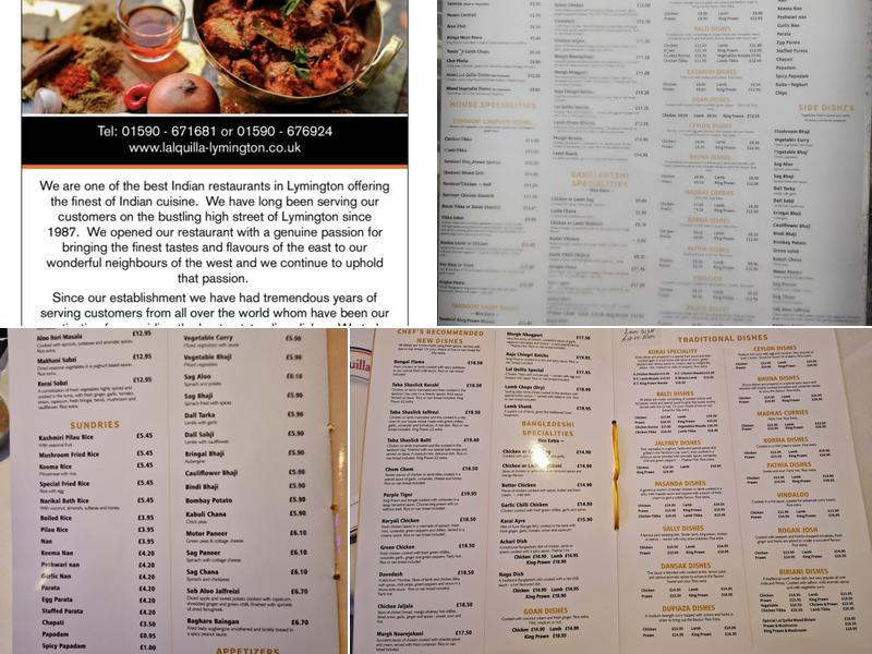 Lal Quilla lymington Menu