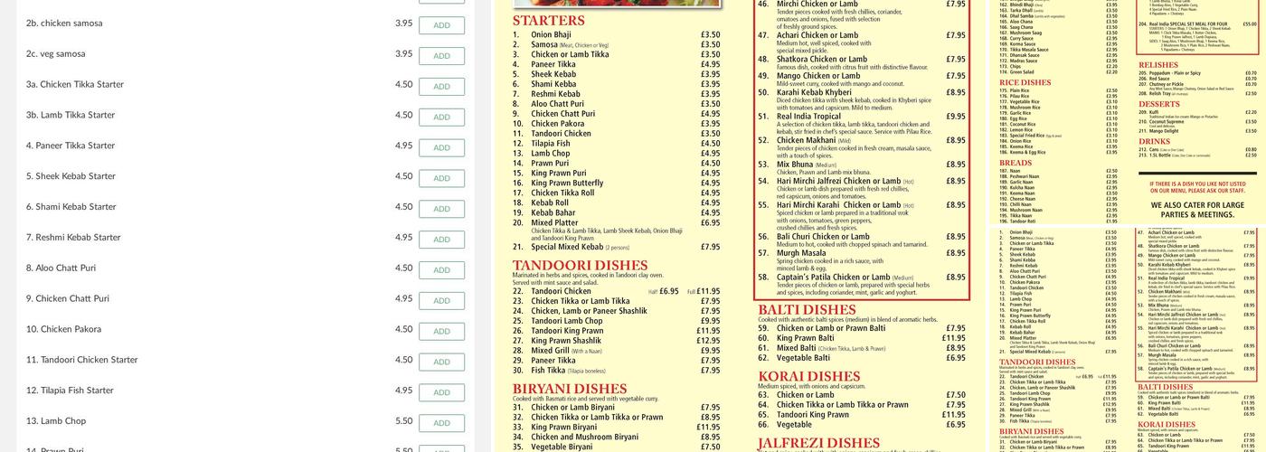 Real India Yateley Menu