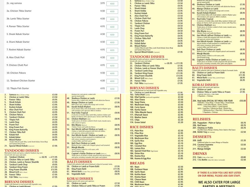 Real India Yateley Menu