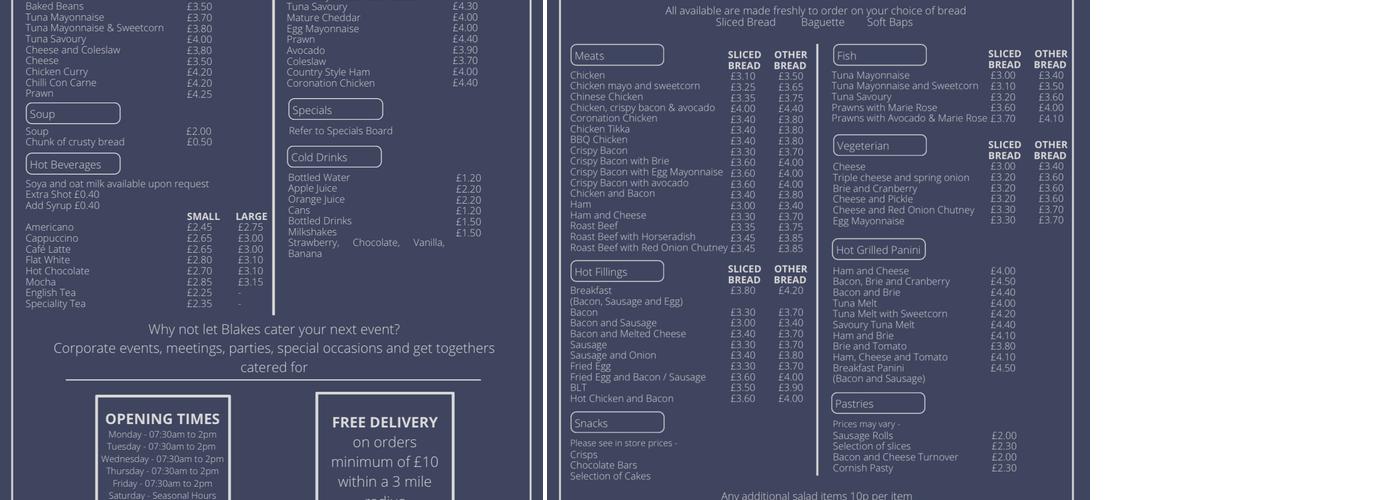 Blakes Sandwich Bar & Catering Menu