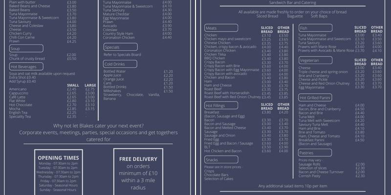 Blakes Sandwich Bar & Catering Menu