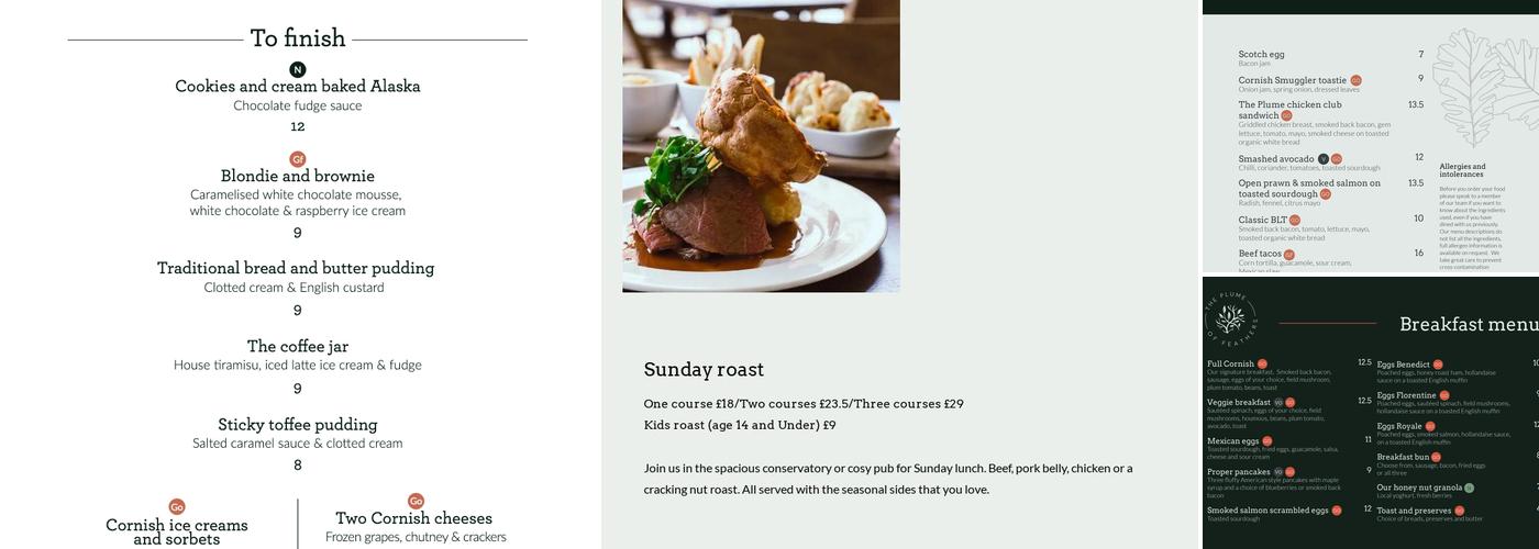 The Plume Of Feathers, Newquay Menu