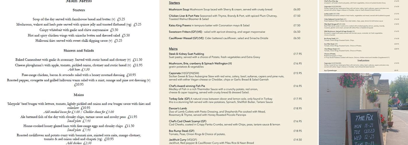 The Fox at Loxley Menu