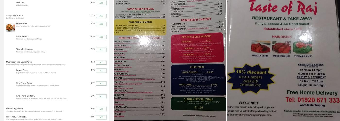 Taste Of Raj Menu