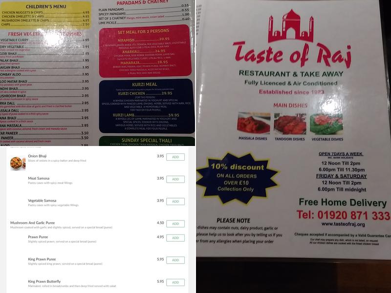 Taste Of Raj Menu