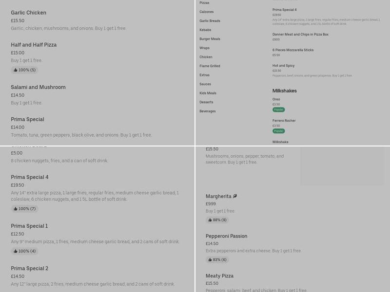 Prima Pizza Menu