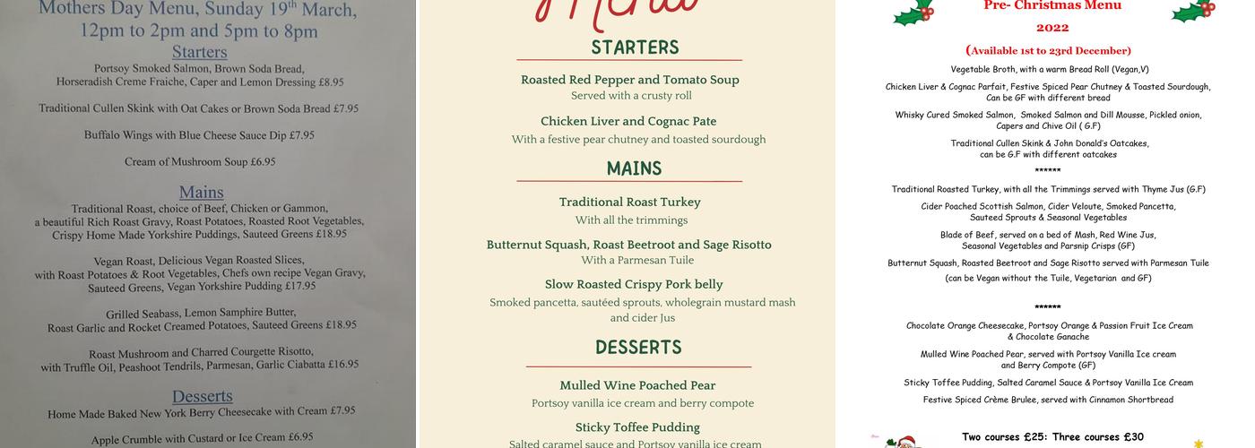 Station Hotel, Portsoy Menu