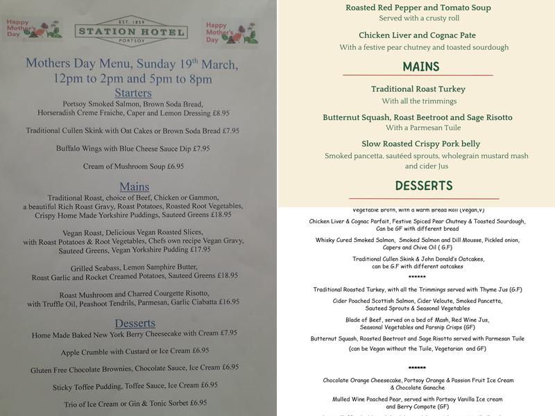 Station Hotel, Portsoy Menu