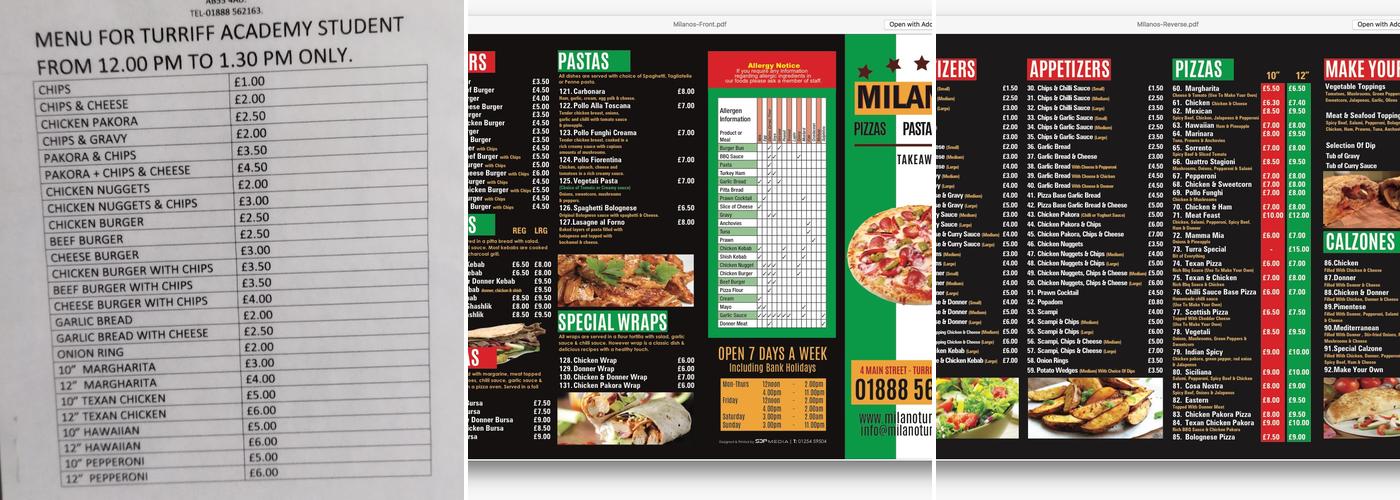 Milano's Pizza Menu