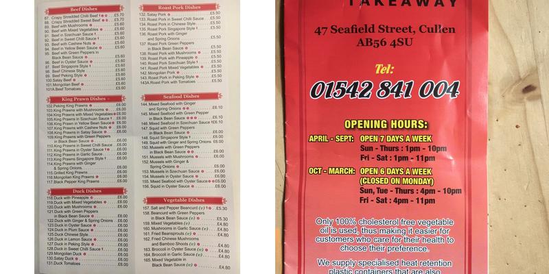 Castle Chinese Takeaway Menu
