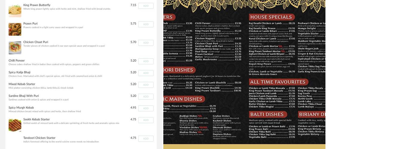Raj Douth Tandoori Cuisine Menu