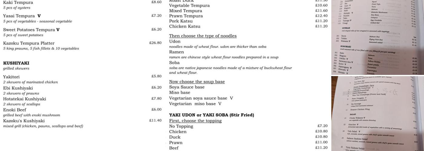 Kazoku Hitchin Menu