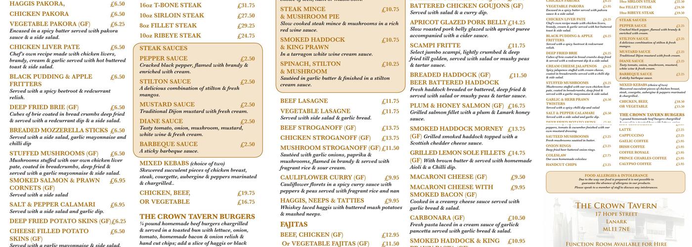 The Crown Tavern Menu