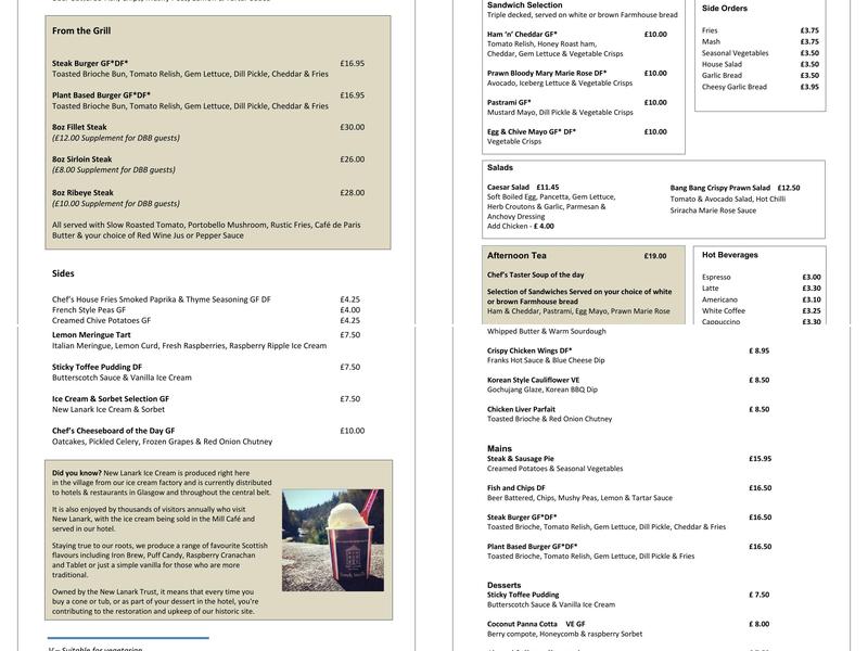 New Lanark Mill Hotel Menu