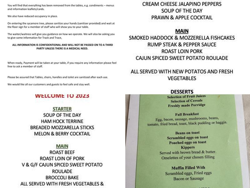 The Sycamore Tree Menu
