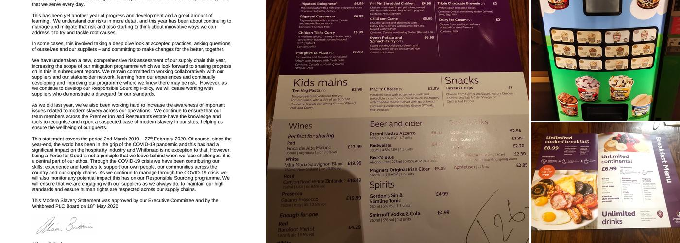 Premier Inn Carlisle M6 Jct44 hotel Menu