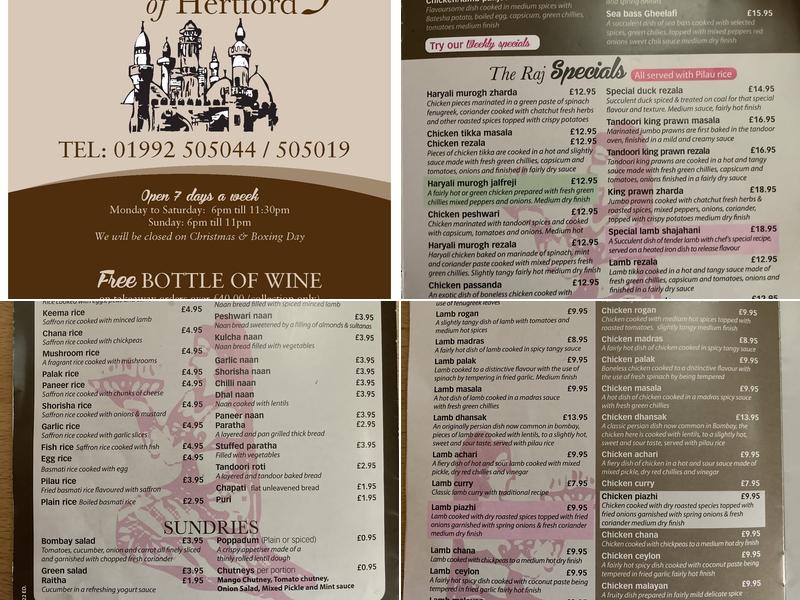 The Raj of Hertford Menu