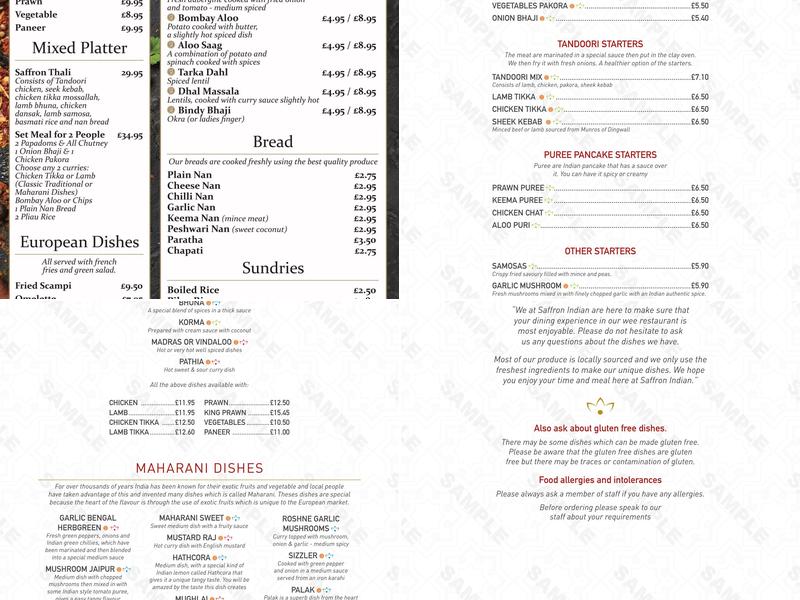 Saffron Indian Menu