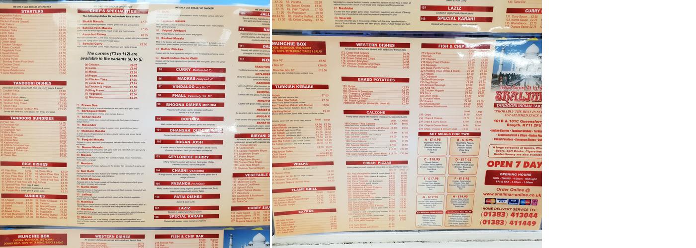 Shalimar Takeaway Menu