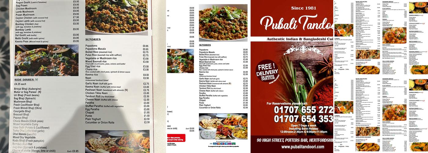 Pubali Tandoori Menu