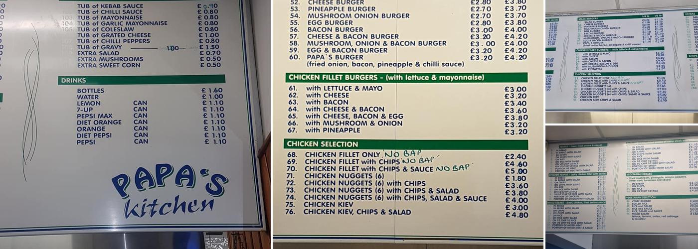 Papa's Kitchen Menu