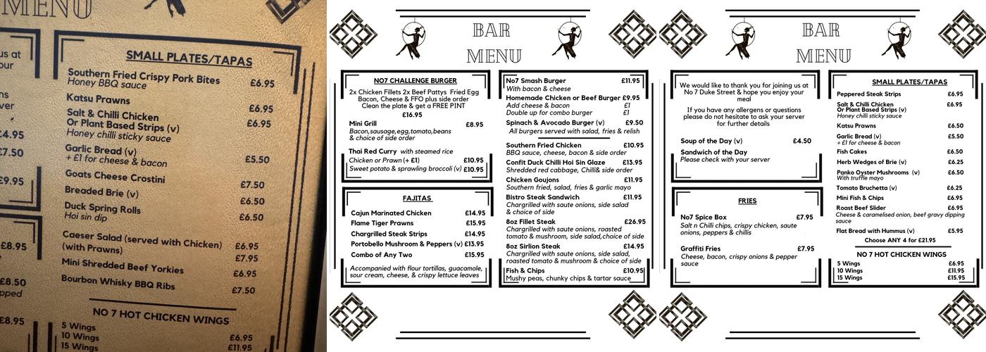 No7 Duke Street (The Duke) Menu
