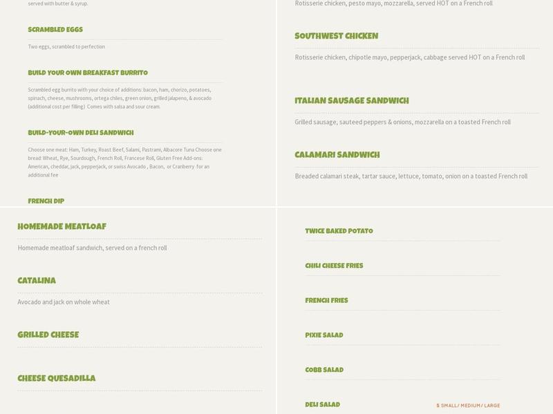 Pixie Deli and Good eats Menu