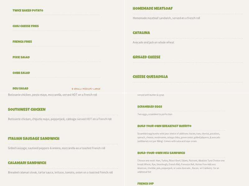 Pixie Deli and Good eats Menu