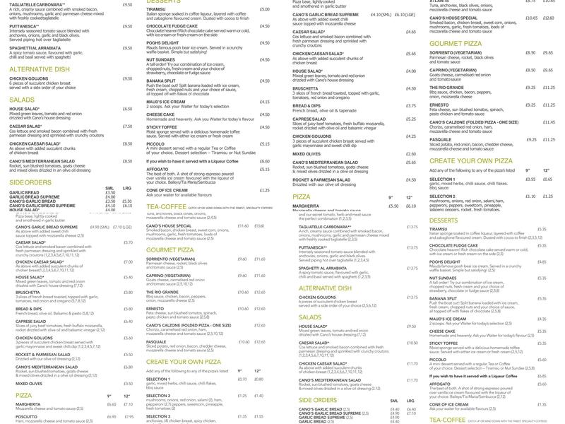 Cano's Pizzeria Italian restaurant Menu