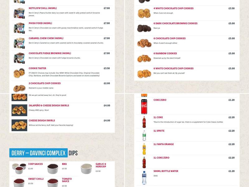 Four Star Pizza Derry DaVinci Complex Menu