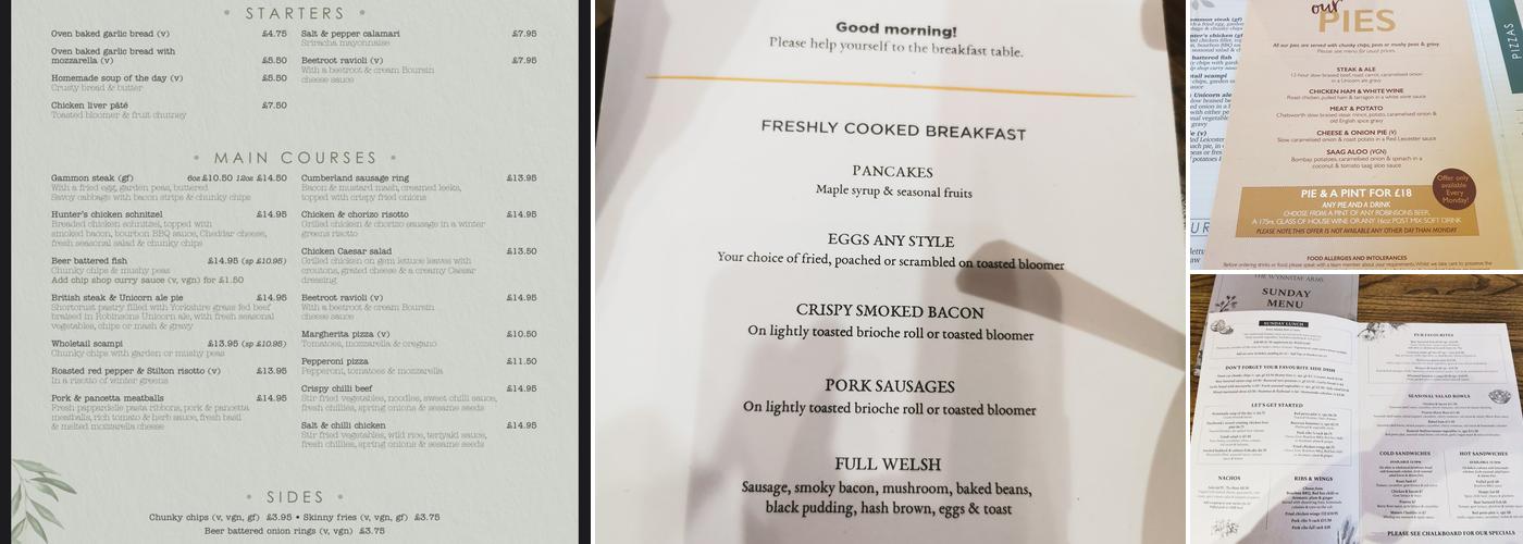 Wynnstay Arms, Ruabon Menu