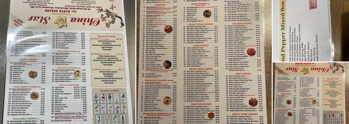 China Star, Rhostyllen, Wrexham Menu
