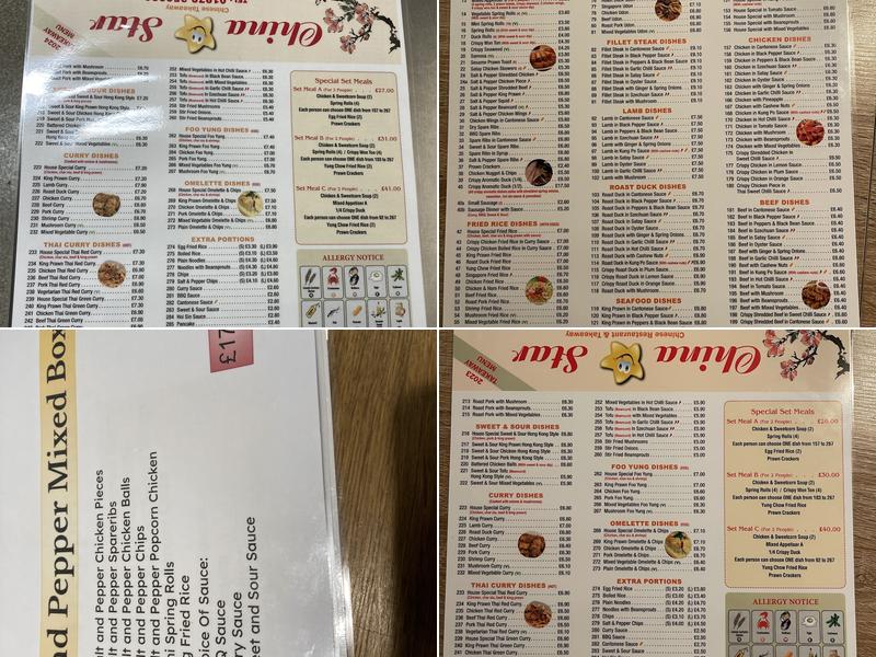 China Star, Rhostyllen, Wrexham Menu