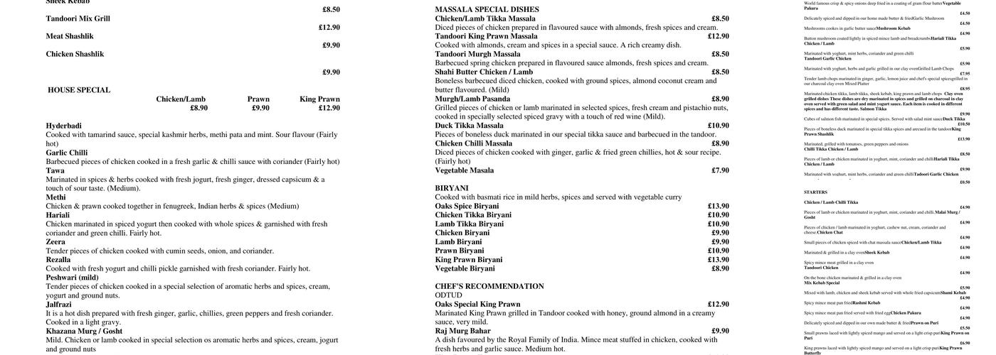 Oaks Spice Menu