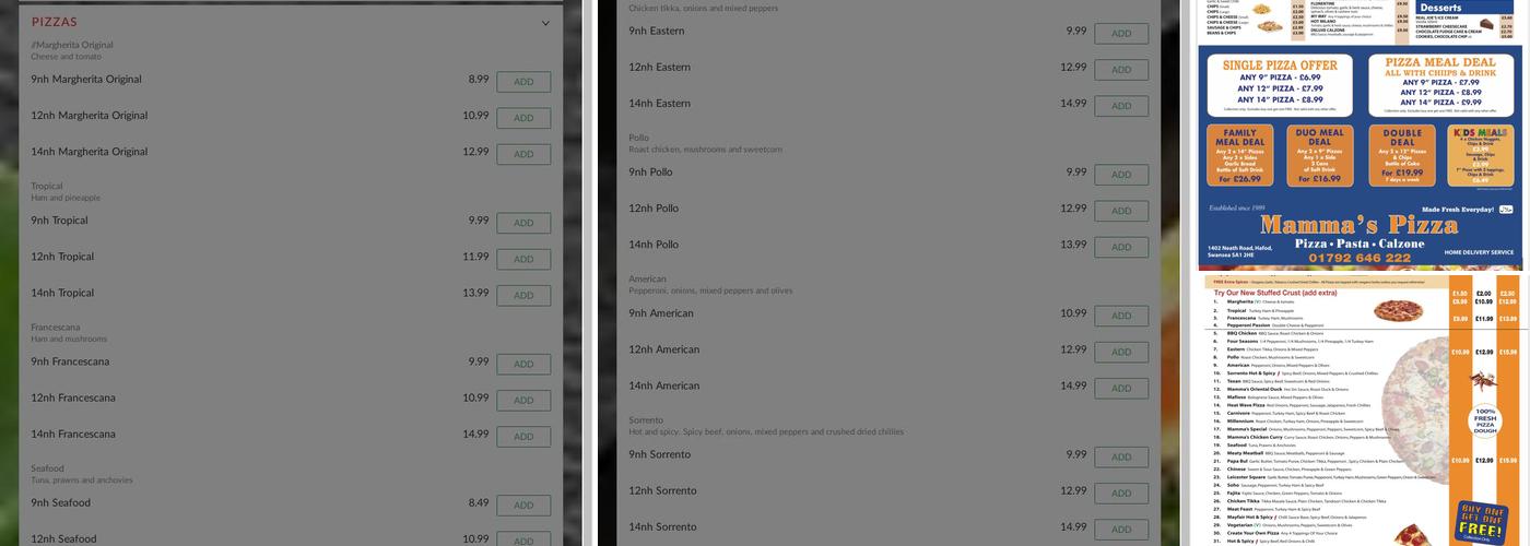 Mamma's Pizza Parlour Menu
