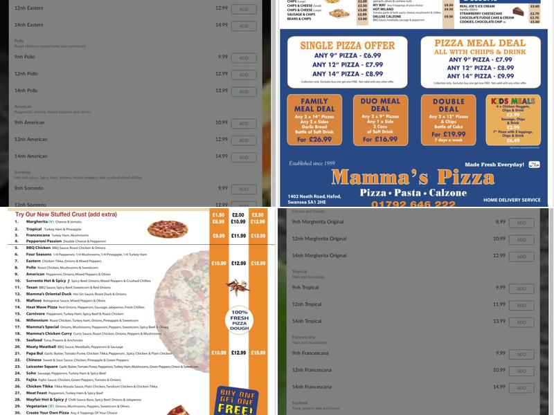 Mamma's Pizza Parlour Menu
