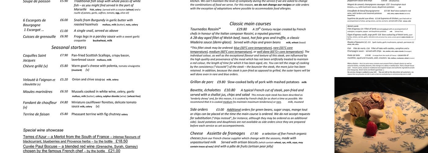 Pant-y-Gwydr restaurant Menu