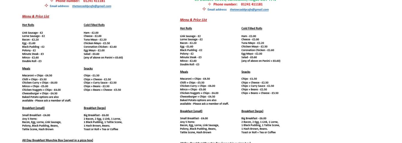 Tee Caddy Takeaway & Cafe Menu