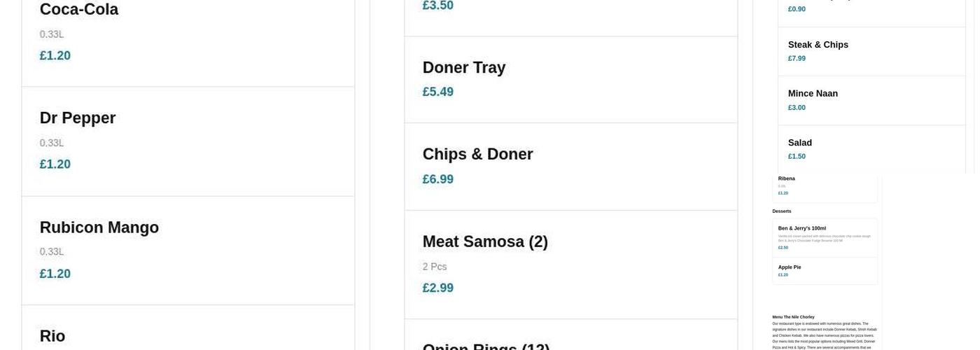 The Nile Chorley Menu