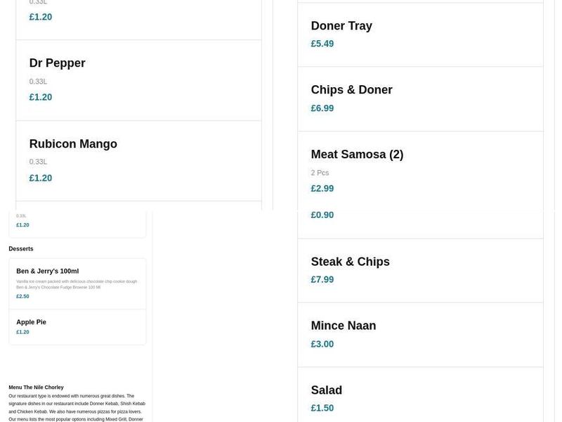 The Nile Chorley Menu