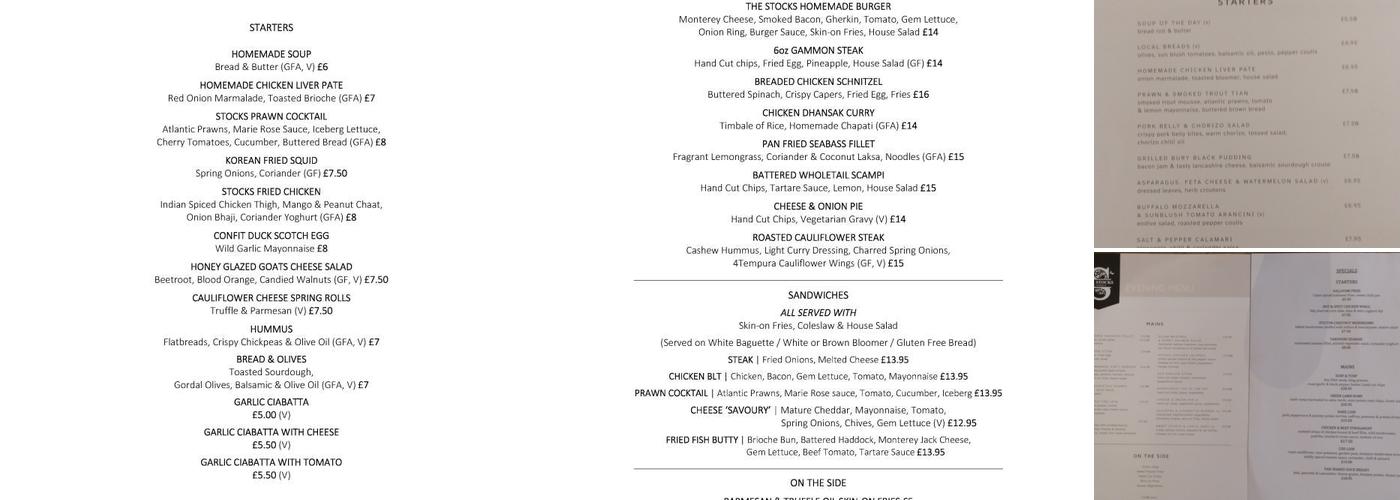 Stocks Tavern Menu