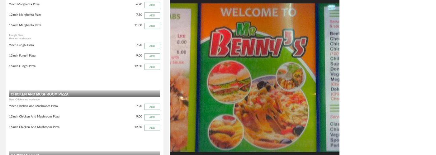 Mr Benny's, Poulton-le-Fylde Menu