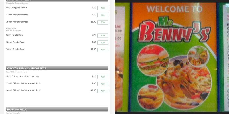 Mr Benny's, Poulton-le-Fylde Menu