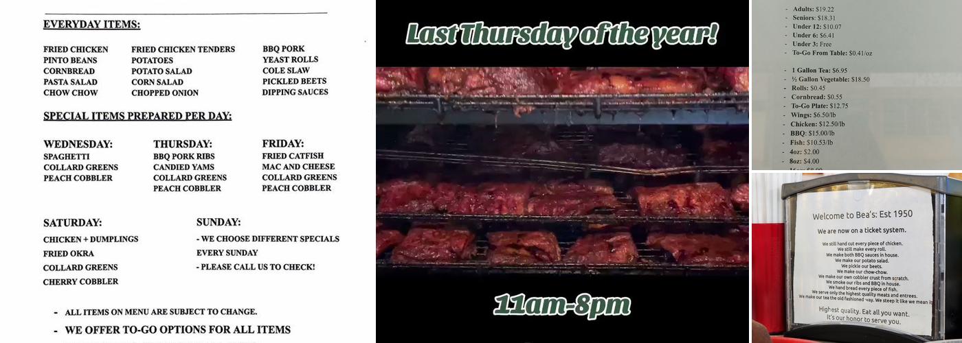 Bea's Restaurant Menu