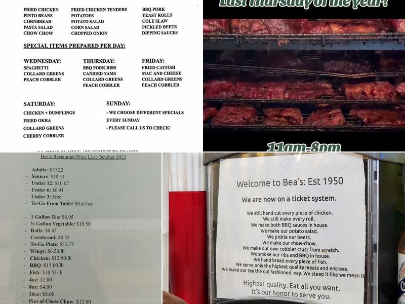 Bea's Restaurant Menu