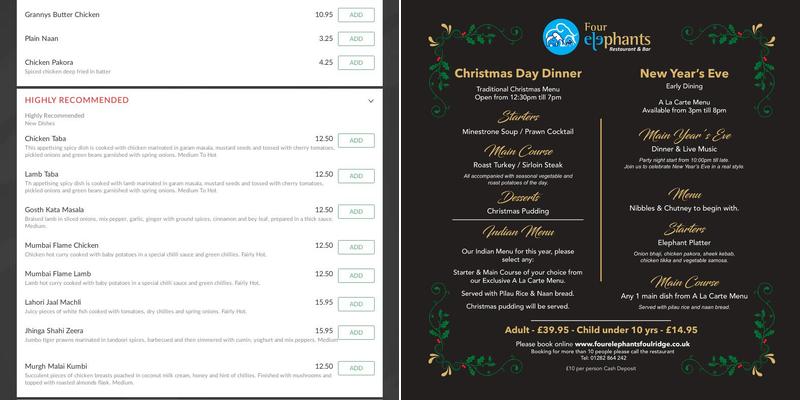 Four Elephants | Indian restaurant Foulridge Menu